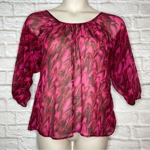 Express Sheer Criss Cross Back Blouse Top Women’s L Pink 3/4 Balloon Sleeve